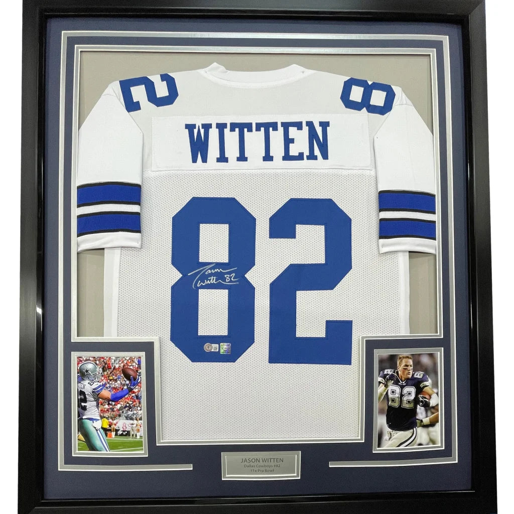 Framed Jason Witten autographed Cowboys jersey with photos for display