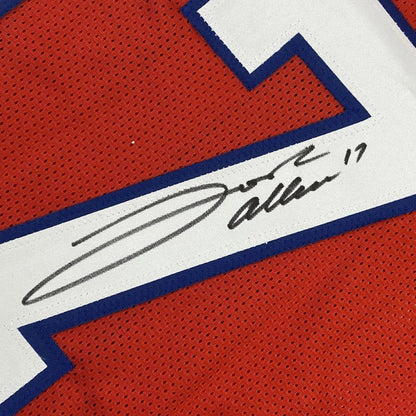 Autographed Red Buffalo Bills Jersey displayed in Framed Josh Allen memorabilia piece