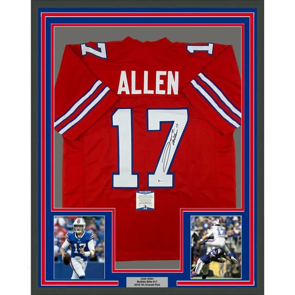 Framed Josh Allen autographed Buffalo Bills jersey with player photos for fans