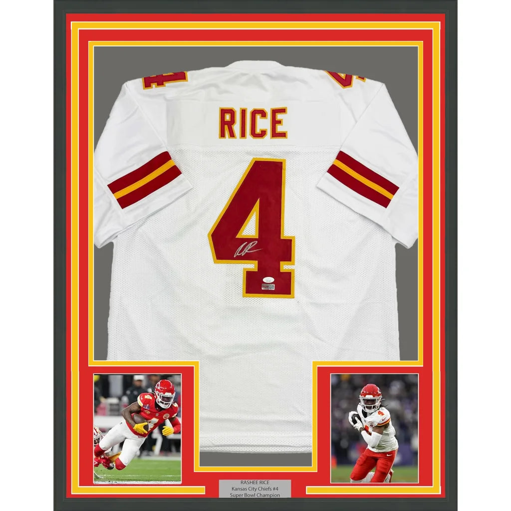 Framed Kansas City Chiefs autographed jersey with player photos for display
