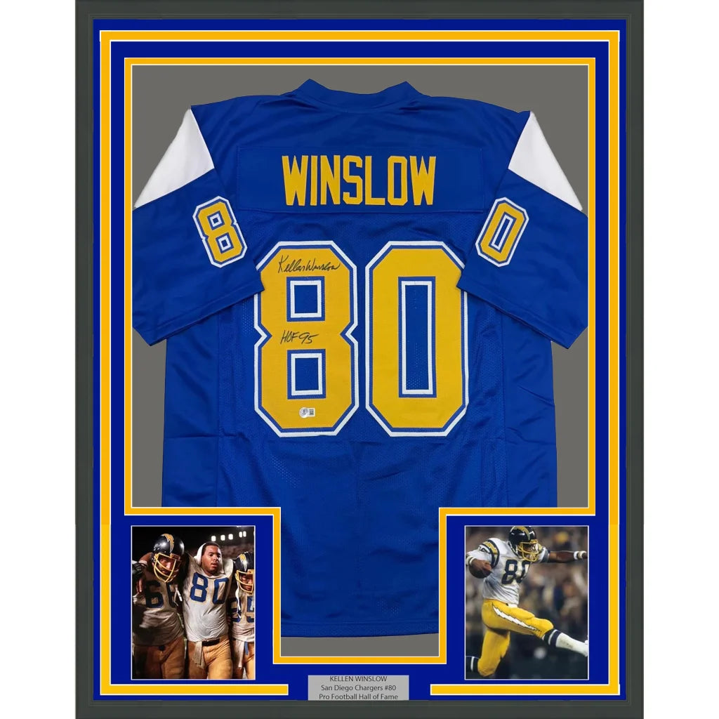 Framed signed Kellen Winslow Chargers jersey with autograph and commemorative photos