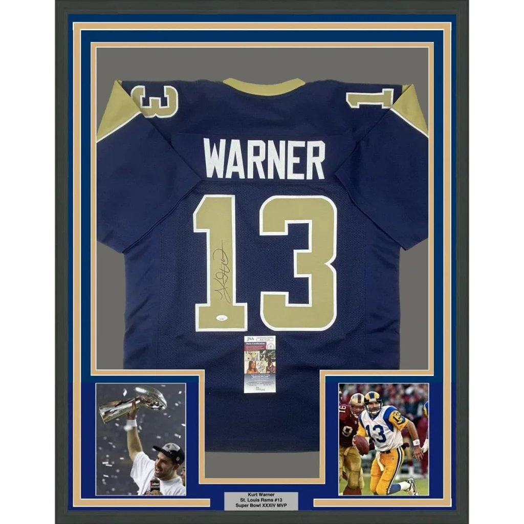 Framed Kurt Warner #13 Rams autographed jersey with photos ready to hang