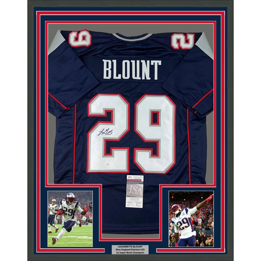 Framed signed LeGarrette Blount New England Patriots #29 jersey display