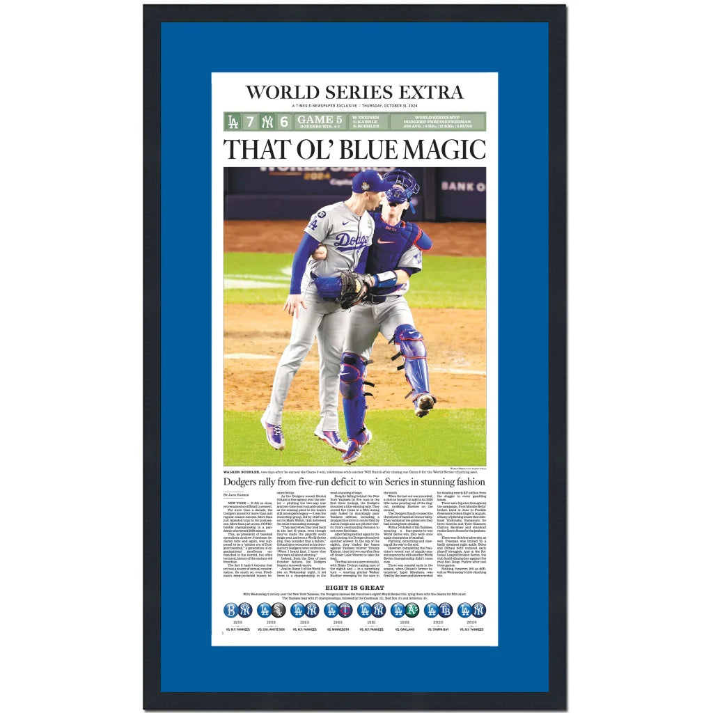 Framed Los Angeles LA Times Dodgers That Ol Blue Magic 2024 World Series Champions 15x25 Baseball Newspaper Cover Photo Professionally Matted | Hall of Fame Sports Memorabilia | vintageantiquesgifts.com