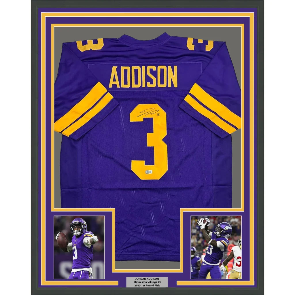 Framed purple Minnesota Vikings Addison jersey with autograph, action photos, and plaque