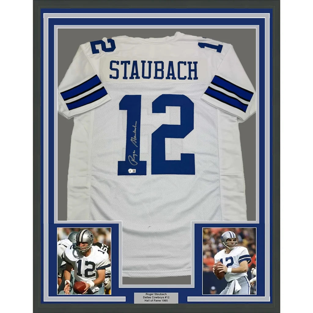 Framed Roger Staubach signed Dallas Cowboys jersey with photos for sale