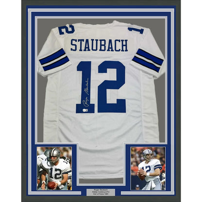 Framed Roger Staubach signed Dallas Cowboys jersey with photos for sale