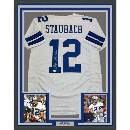 Framed Roger Staubach signed Dallas Cowboys jersey with photos for sale