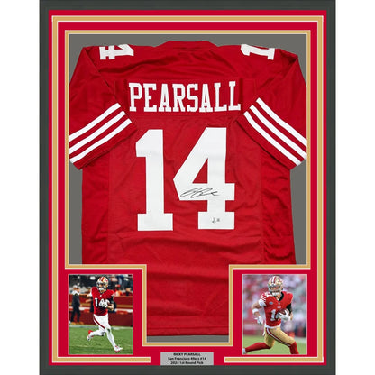 Framed San Francisco 49ers Pearsall autographed jersey with player photos ready to hang