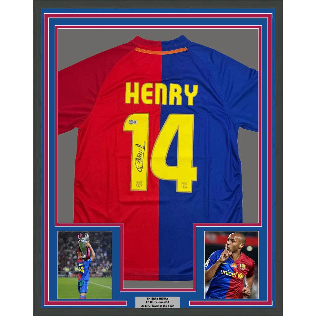 Framed Thierry Henry FC Barcelona jersey with autograph and commemorative photos