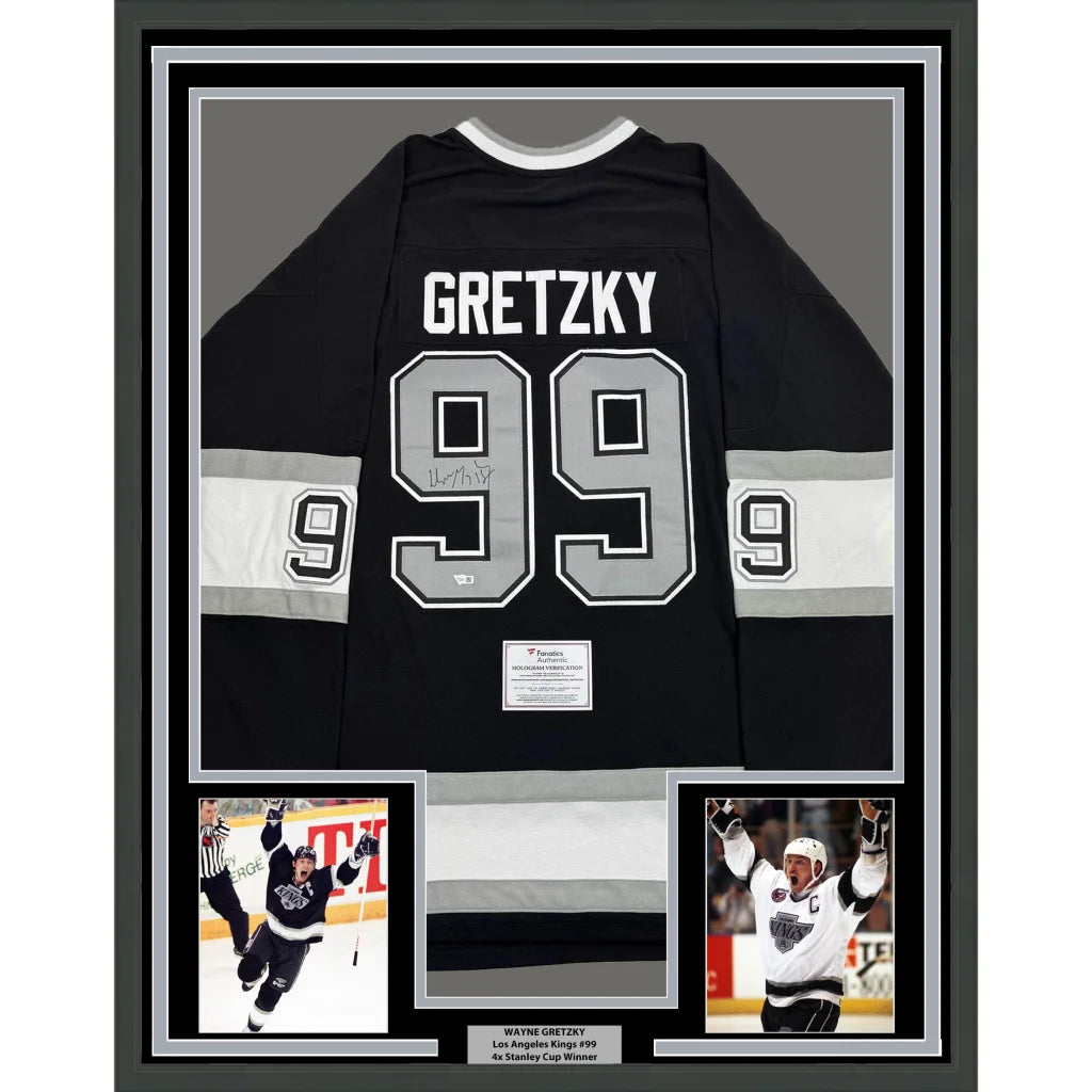 Framed autographed Wayne Gretzky Los Angeles Kings jersey with commemorative photos