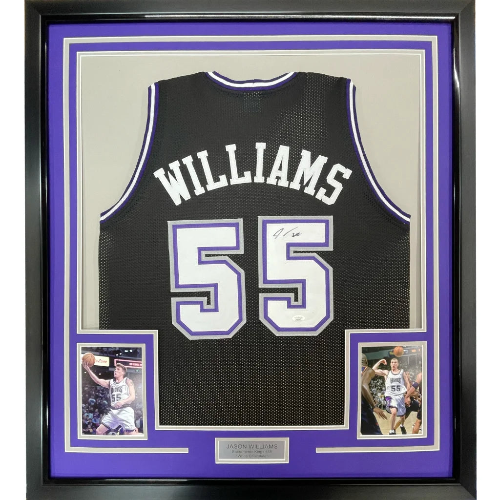 Framed autographed black Williams 55 basketball jersey with number 55 ready to hang