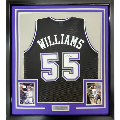 Framed autographed black Williams 55 basketball jersey with number 55 ready to hang