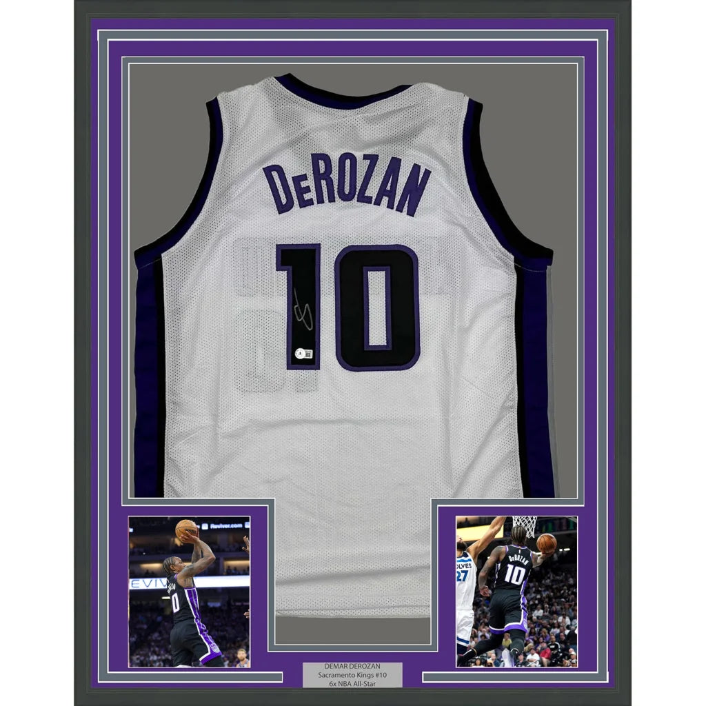 FramedAutographed DeMar DeRozan 35x39 Sacramento White Basketball Jersey Beckett BAS COA | Hall of Fame Sports Memorabilia | vintageantiquesgifts.com