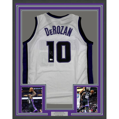 FramedAutographed DeMar DeRozan 35x39 Sacramento White Basketball Jersey Beckett BAS COA | Hall of Fame Sports Memorabilia | vintageantiquesgifts.com