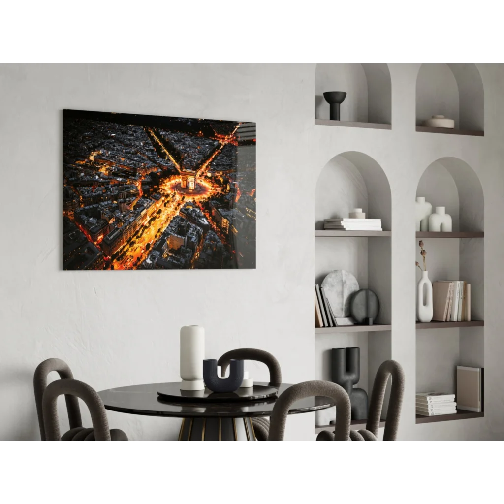 Glowing Paris night aerial glass wall art with Eiffel Tower on white wall