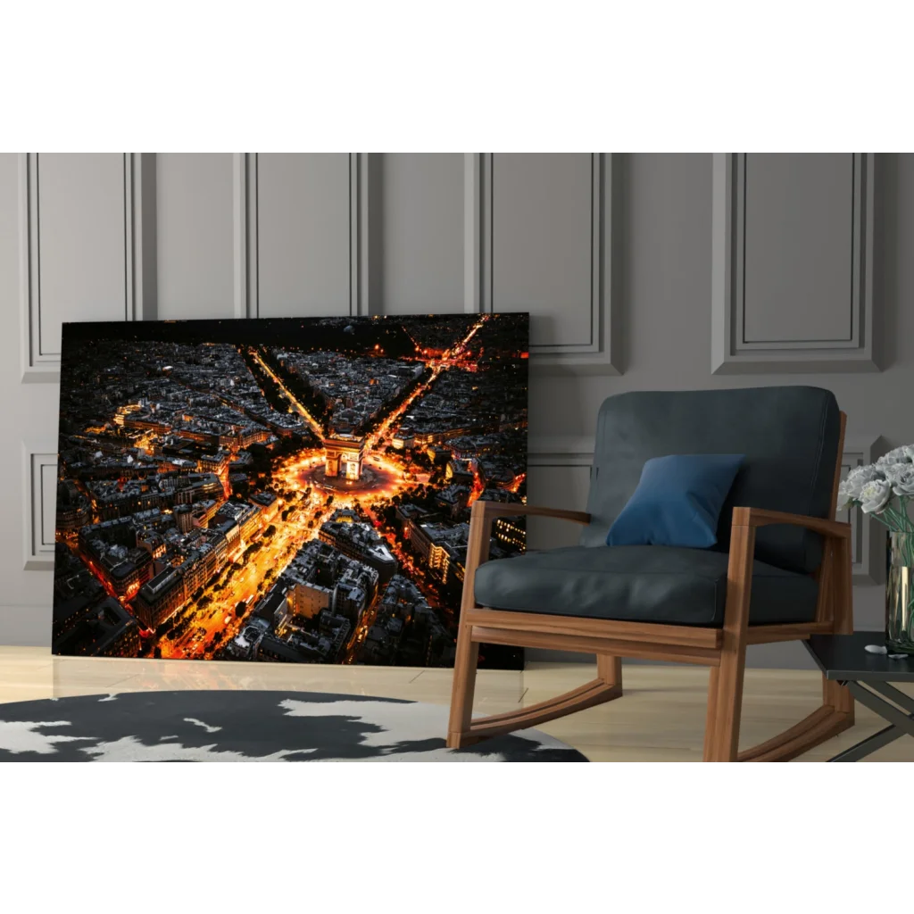 Glowing Paris night aerial glass wall art with Arc de Triomphe
