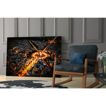 Glowing Paris night aerial glass wall art with Arc de Triomphe