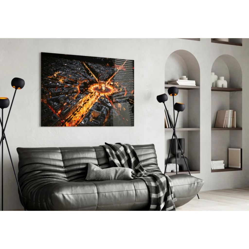 Glowing Paris Night Aerial Glass Wall Art with Eiffel Tower | Contemporary Home Wall Art | vintageantiquesgifts.com