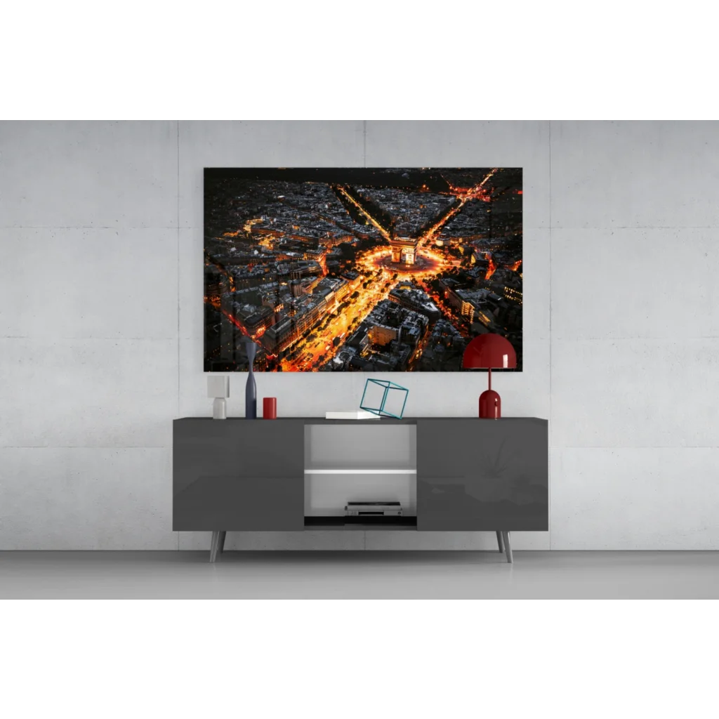 Glowing Paris night aerial glass wall art with Eiffel Tower