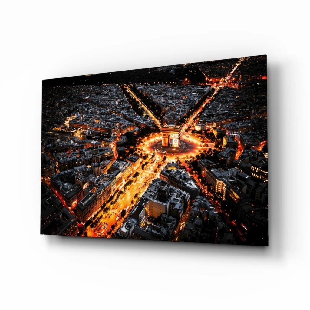 Glowing Paris Night Aerial Glass Wall Art with Eiffel Tower | Insigneart USA | vintageantiquesgifts.com