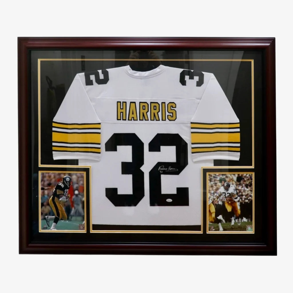 Franco Harris signed deluxe framed jersey with white yellow frame and Harris name