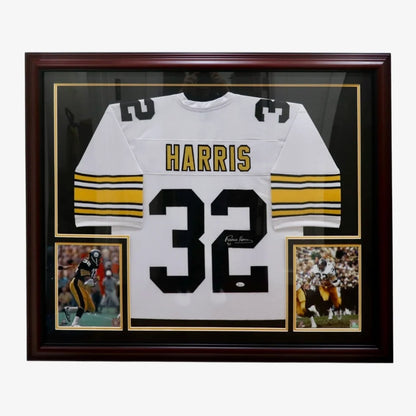 Franco Harris signed deluxe framed jersey with white yellow frame and Harris name