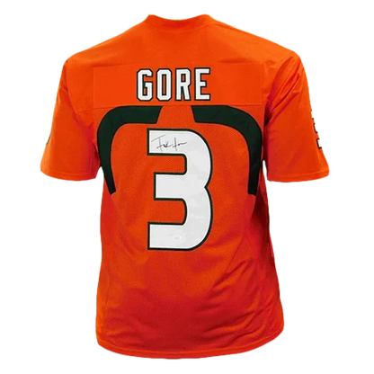 Frank Gore autographed Miami Hurricanes jersey with orange design and Gore name