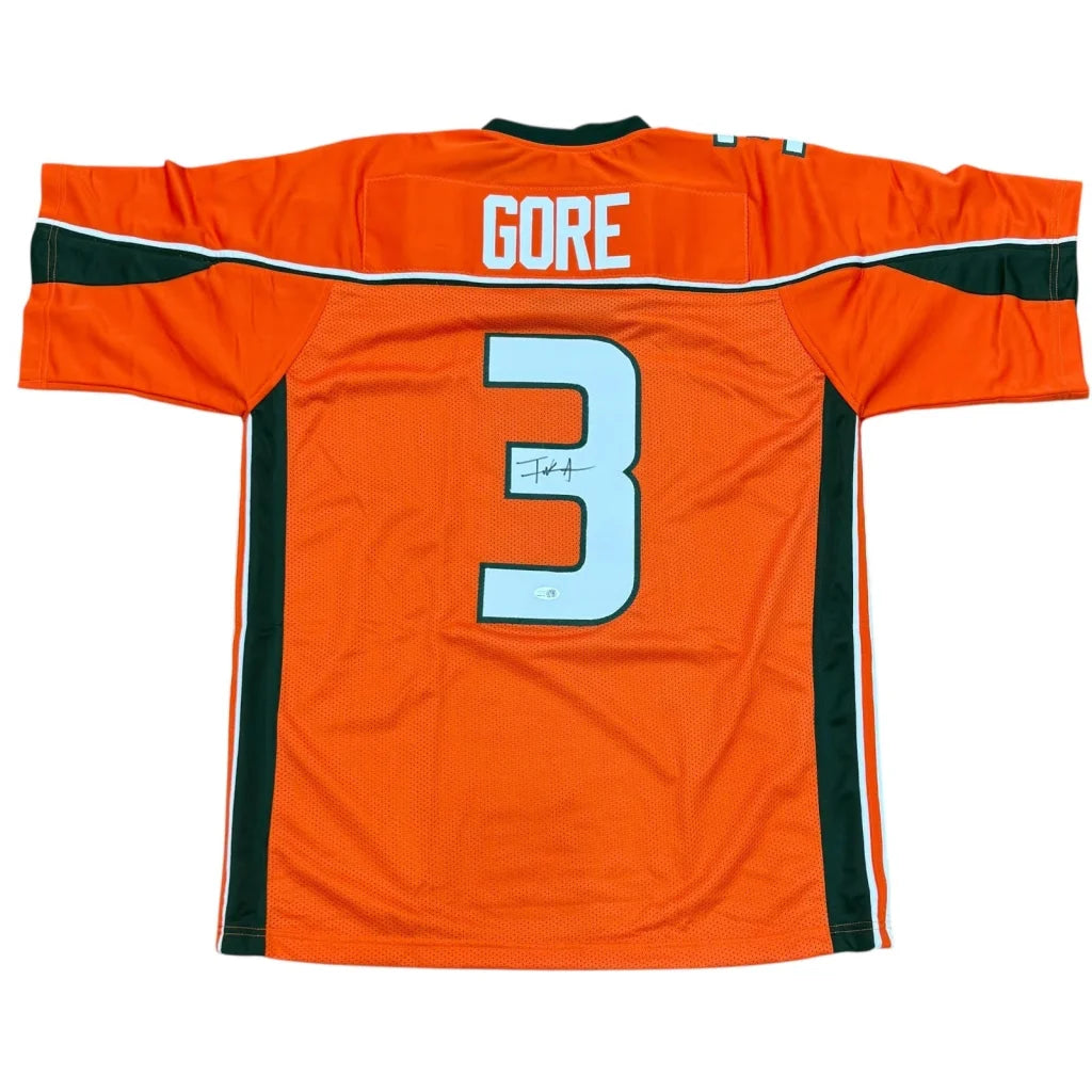 Back of Frank Gore autographed Miami Hurricanes orange #3 jersey