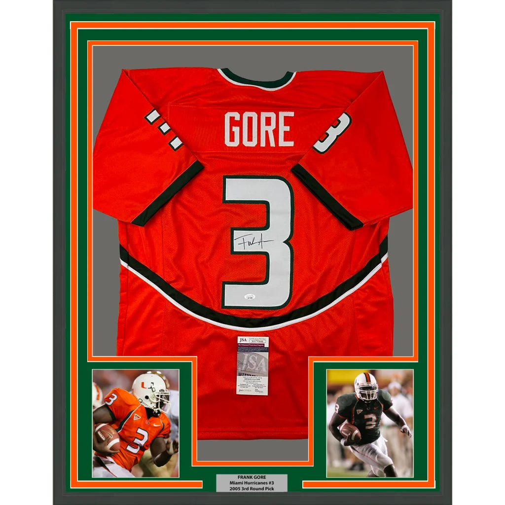 Framed signed Frank Gore Miami Hurricanes jersey with photos and COA