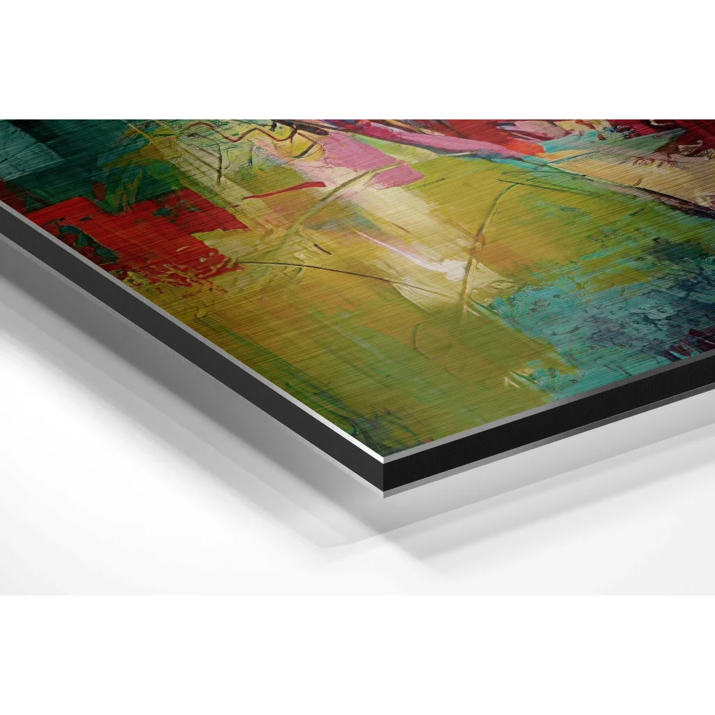 Vibrant abstract art on brushed aluminium dibond print with bold strokes