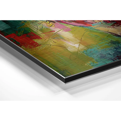 Vibrant abstract art on brushed aluminium dibond print with bold strokes