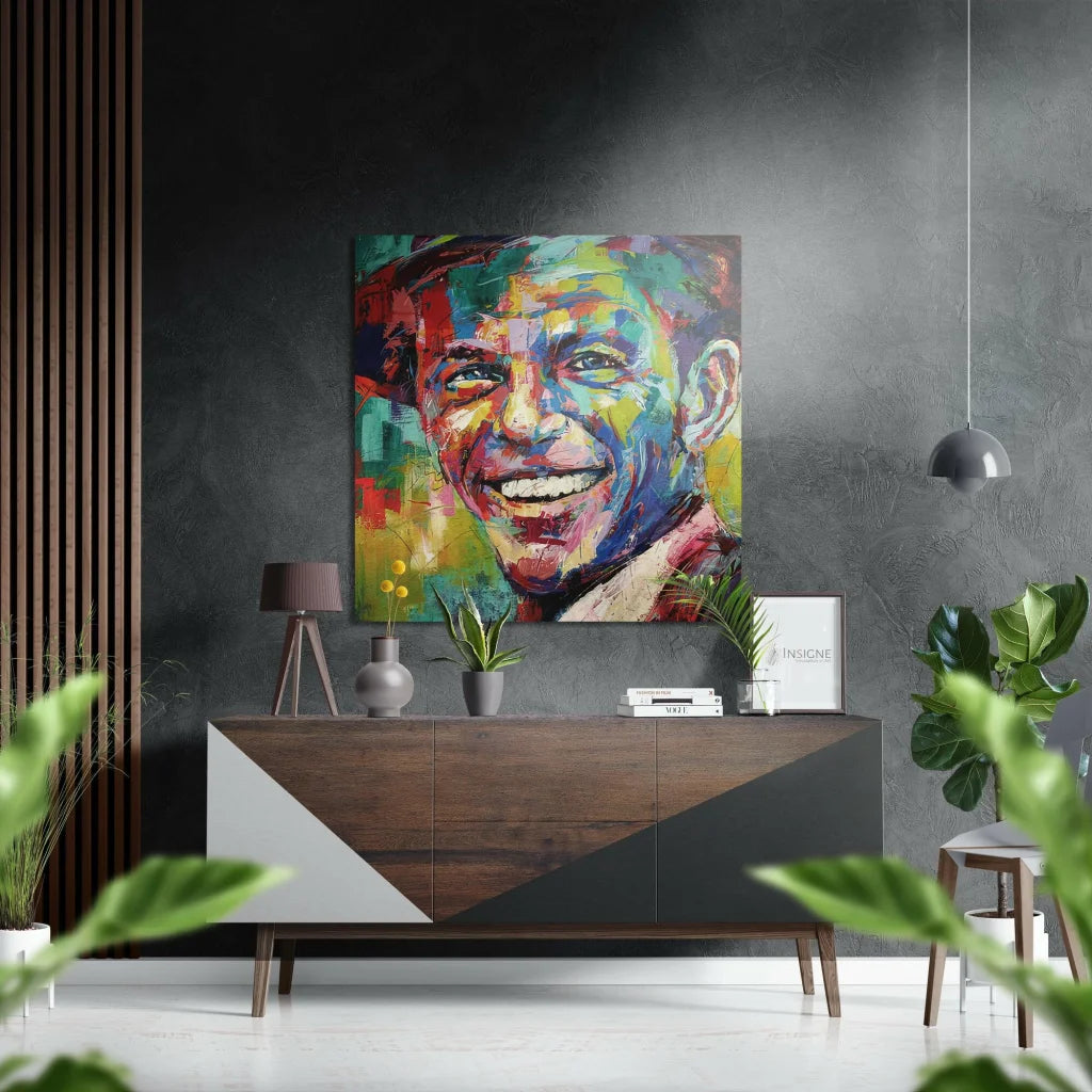 Vibrant abstract portrait of smiling man on brushed aluminium dibond print