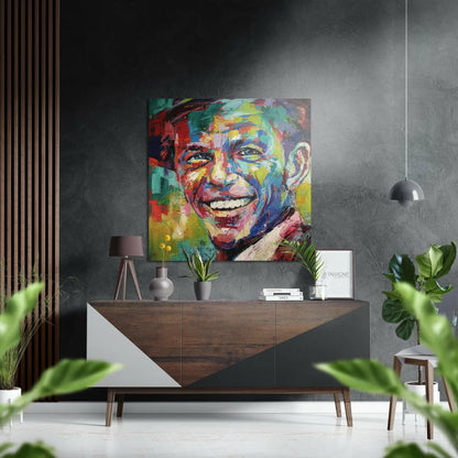 Vibrant abstract portrait of smiling man on brushed aluminium dibond print