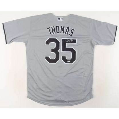 Gray Frank Thomas signed Chicago baseball jersey with THOMAS and 35 on back