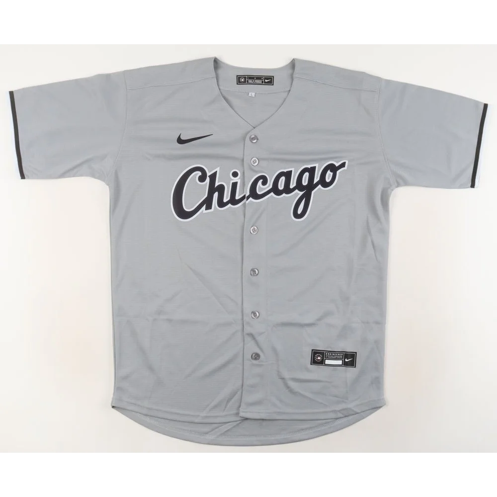 Gray short-sleeved Nike Chicago baseball jersey with Frank Thomas signature and HOF auth