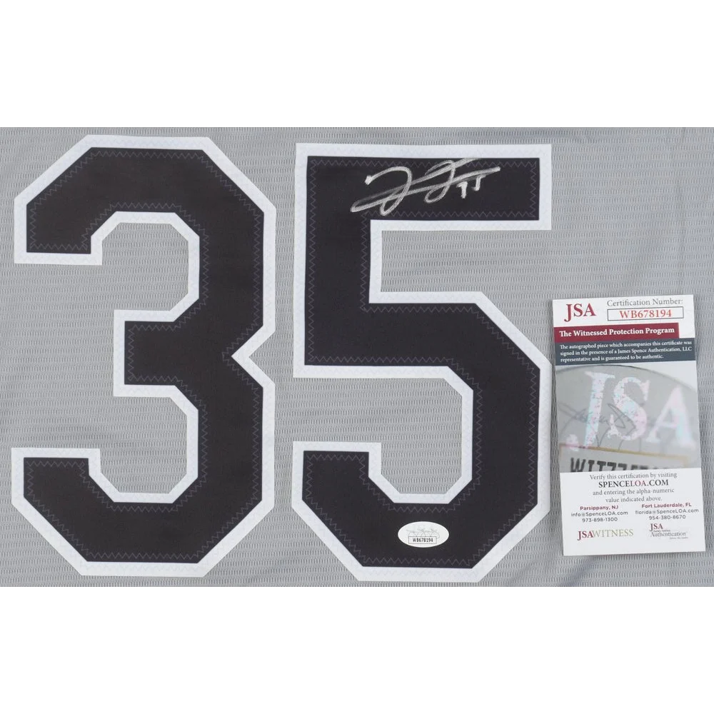 Grey Frank Thomas signed Chicago Baseball Jersey with black and white 35 and silver autograph