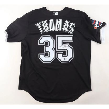Black Nike Sox jersey with THOMAS 35 and Frank Thomas signed collectible image