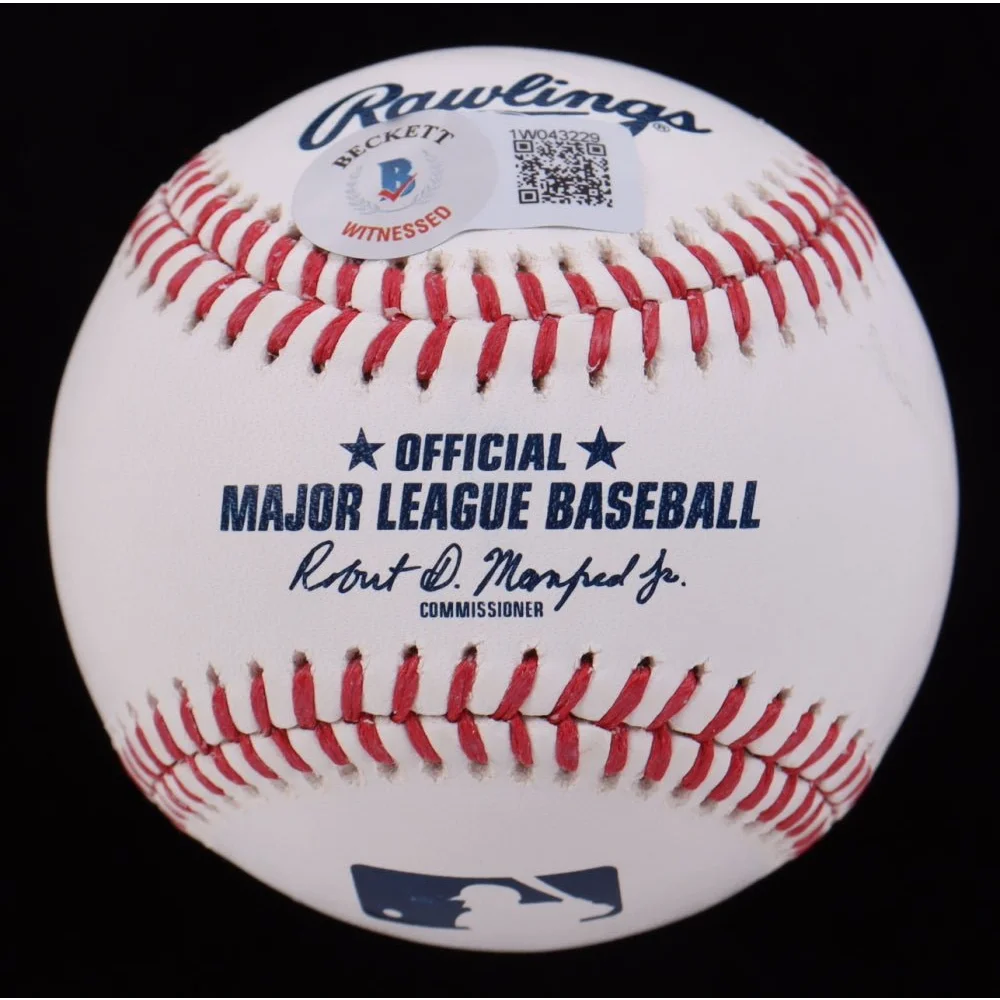 White baseball with red stitching and Beckett Witnessed sticker, Frank Thomas signed OML