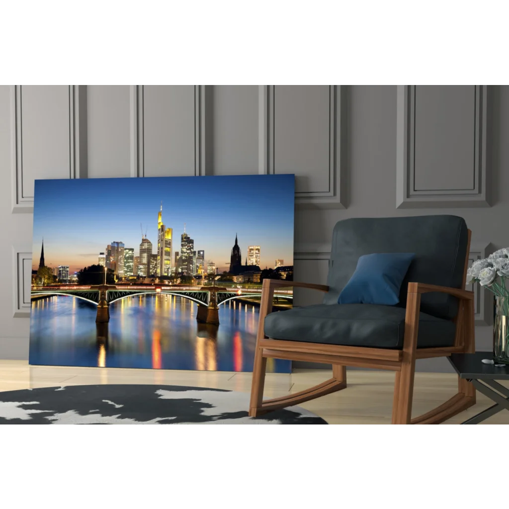 Vibrant Frankfurt skyline twilight canvas wall art with illuminated skyscrapers