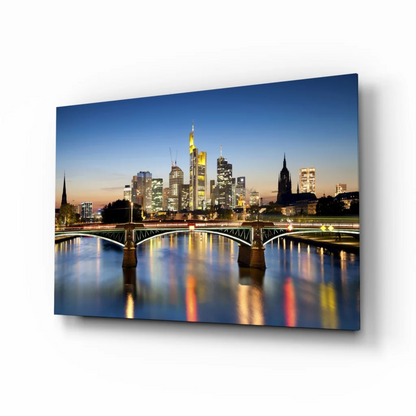 Frankfurt skyline at dusk canvas wall art with lit skyscrapers and bridge