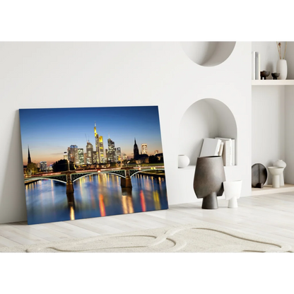 Frankfurt skyline twilight canvas wall art print with glowing skyscrapers and river
