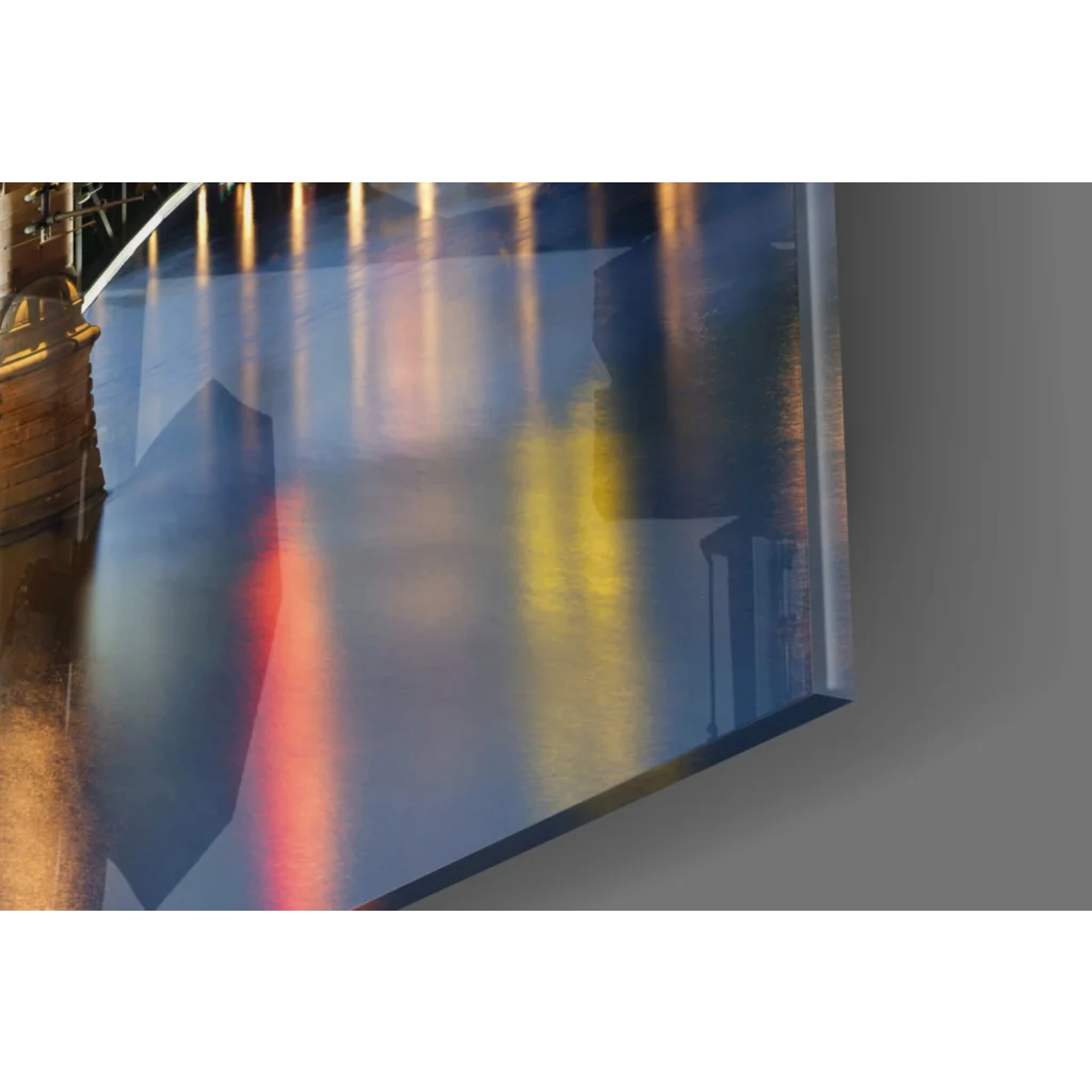 Sleek framed Frankfurt skyline twilight canvas wall art with blurred cityscape and vibrant red yellow light reflections on water