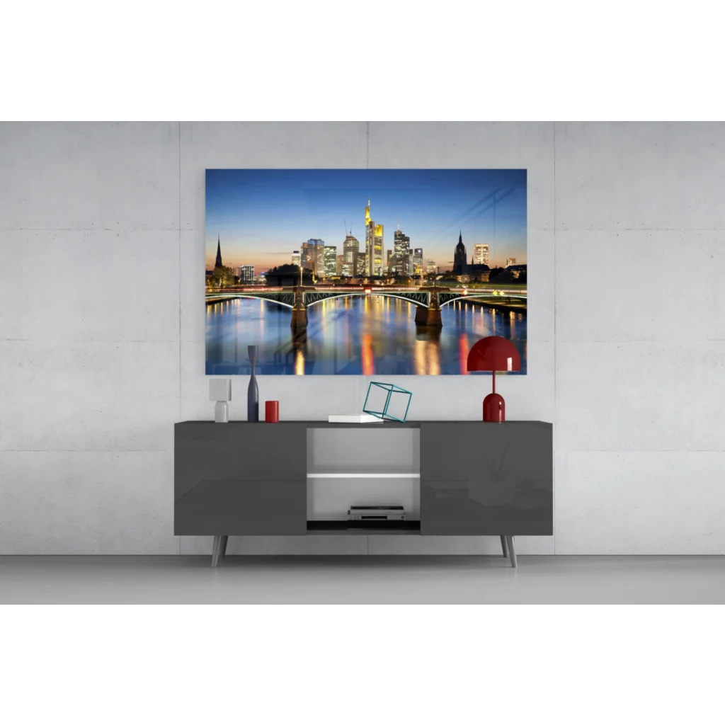 Vibrant Frankfurt skyline twilight canvas wall art print with skyscrapers and river