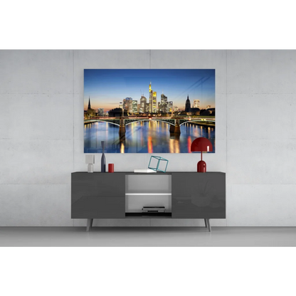 Vibrant Frankfurt skyline twilight canvas wall art print with skyscrapers and river