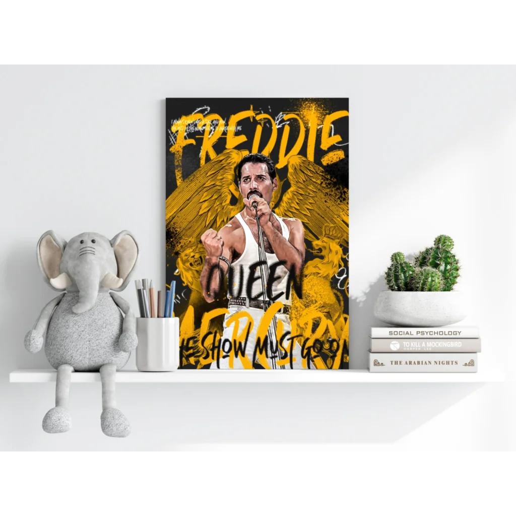 Vibrant Freddie Mercury Queen Insigne Aluminum Print with Golden Wings