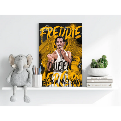 Vibrant Freddie Mercury Queen Insigne Aluminum Print with Golden Wings
