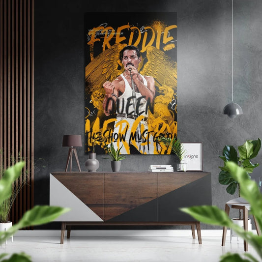 Vibrant Freddie Mercury graffiti art on brushed aluminium dibond poster