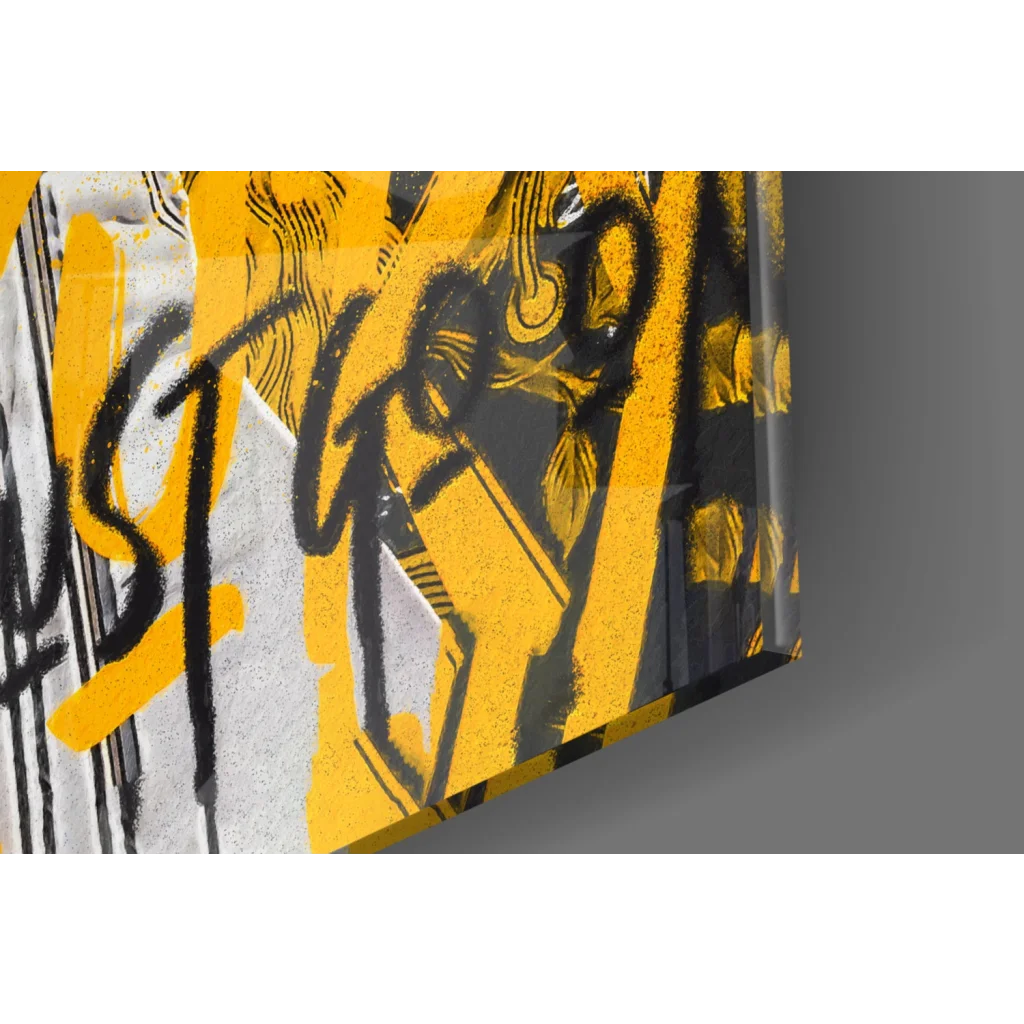 Vibrant yellow and black graffiti glass wall art print