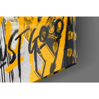 Vibrant yellow and black graffiti glass wall art print